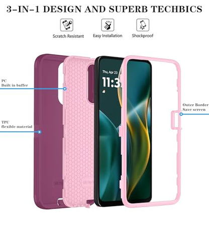 Qinmay Phone Case for Motorola Moto G 2025/Moto G Play 5G 2025 Case with HD Screen Protector, Heavy Duty Shockproof & Dropproof 3-Layer Cover Phone Case,WineRedPink - color: WineRedPink