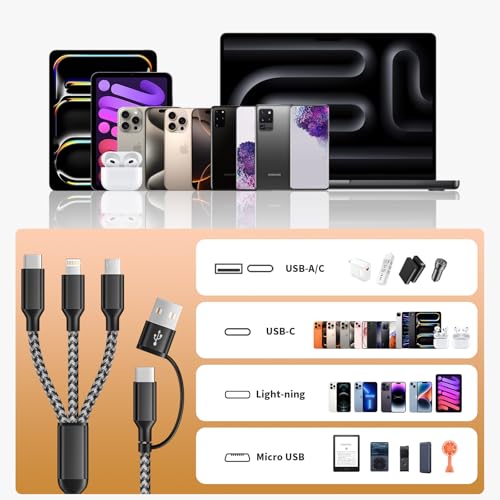 Multi Charging Cable 5in1, 2Pcs USB C/A Multi Charger Cable for All Devices - color: Greyblack, size: 2Pack5FT