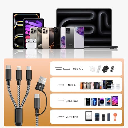 Multi Charging Cable 5in1, 2Pcs USB C/A Multi Charger Cable for All Devices - color: Greyblack, size: 2Pack5FT