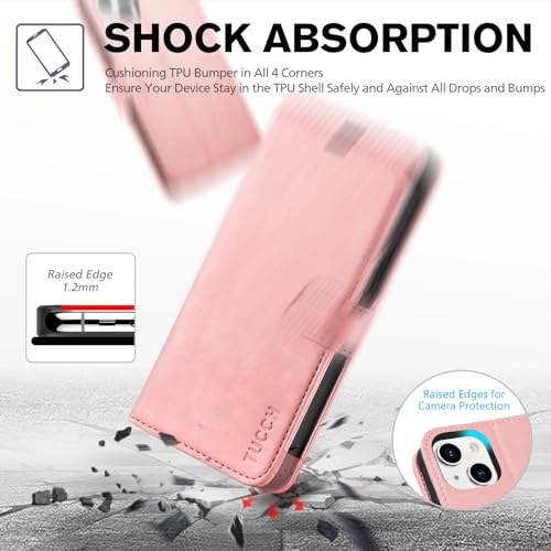 TUCCH Wallet Case for iPhone 13 (6.1") 2021, 3 Card Holders, Rose Gold | RFID Blocking, Viewing Stand, Shockproof TPU Shell, PU Leather, Magnetic Closure, Protective Folio Flip Cover - color: Pink