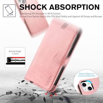 TUCCH Wallet Case for iPhone 13 (6.1") 2021, 3 Card Holders, Rose Gold | RFID Blocking, Viewing Stand, Shockproof TPU Shell, PU Leather, Magnetic Closure, Protective Folio Flip Cover - color: Pink