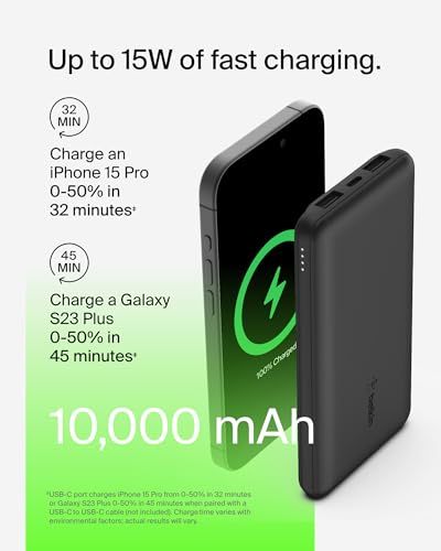 Belkin 10000mAh 15W 3 Port Power Bank, USB A to USB C Cable Included | Fast Charging, iPhone 17, Samsung Galaxy, Pixel, Airpods, iPad, Nintendo Switch 2, Battery Pack, USB C Port, USB A Port - color: Black