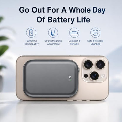 Magnetic Power Bank, Compact 10,000mAh Magnetic Wireless Portable Charger with 20W Max Fast Charging,for iPhone 16/15/14/13/12Series,AirPods,and More-Black