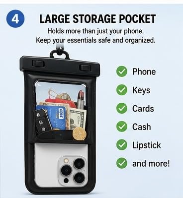 Waterproof Phone Pouch 2 Pack, Floating Dry Bag with Large Storage Pocket, IPX8 Waterproof Case Fits iPhone 16/15/14 Pro Max & Samsung, Touch Screen for Beach, Swimming, Kayaking & Cruise Black