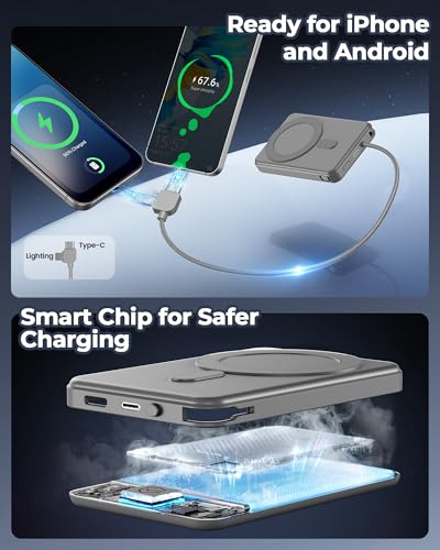 10000mAh Portable Charger, 20W Fast Charging, Built-in Cables with Handle | Charge from 20% to 85% in 30 Mins, 30% Smaller, magnetic grip, Stays Cool, LED Display, for iPhone, Samsung, Android Phones - color: 05.Grey