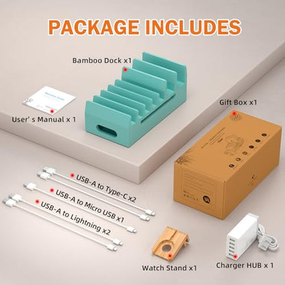 Bamboo Charging Station with 5 Port Charger HUB & 5 Cables-Teal - color: Teal