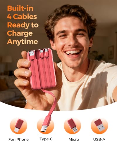 Portable Charger 10000mAh with 4 Built-in Cables 40% Smaller (Red) - color: Red