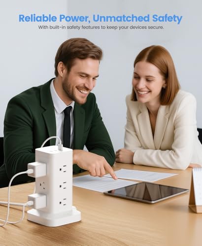12AC 3USB Power Strip Tower Surge Protector 1800J, 8ft, White, 1 - color: White, size: 8ft