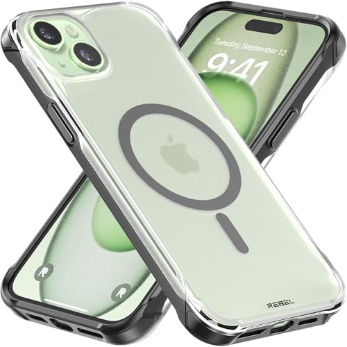 REBEL Clear Case for iPhone 15 Plus [Frosted Series Gen-4] Compatible with Magsafe, Translucent Matte Texture, Protective Shockproof Bumpers, Metal Buttons, 6.7 Inch 2023 Phone Cover (Frosted Black) - color: Frosted Black, size: iPhone 15 Plus