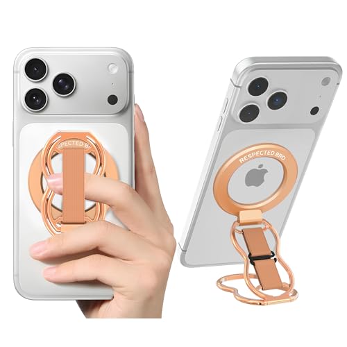 RESPECTED-BRO-Magnetic-Phone-Grip-Stand-with-Finger-Strap, 4-in-1 Magnetic Ring Holder, Kickstand and Elastic Strap for Phones, Universal Fit for iPhone 17/16/15/14/13/12, Android and Cases(Rose Gold) - color: Rose Gold