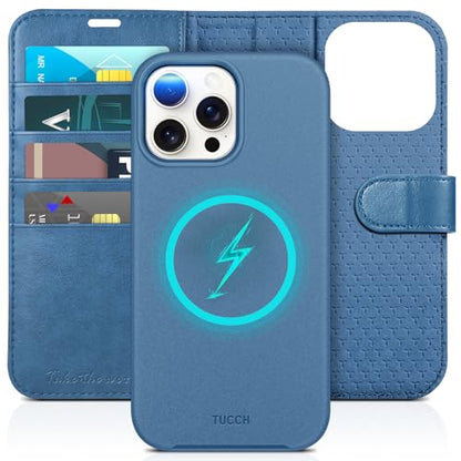TUCCH 2-in-1 Removable Wallet Case for iPhone 15 Pro Max (6.7"), Light Blue | RFID Blocking, 4 Card Holders, Kickstand, Wireless Charging, Shockproof TPU, PU Leather, Magnetic, Flip Cover - color: Lake Blue (2-in-1 Detachable)