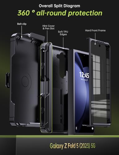 KJSK for Samsung Galaxy Z Fold 5 Case,with S Pen Holder+Belt Clip Holster+Built-in Kickstand+Hinge Protection,Heavy Duty Military Grade Drop Proof Case for Galaxy Z Fold 5(Black) - color: Black