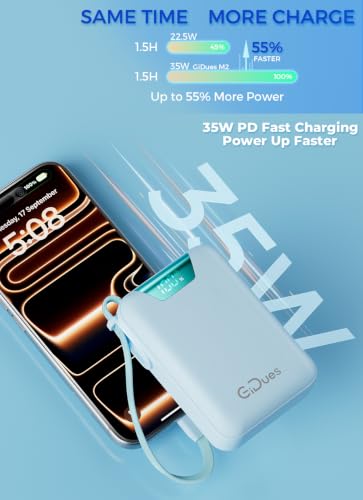 M2 Portable Charger, 20000mAh Power Bank, PD 35W Ultra Fast USB-C Built-in Cable, Compact Cute Mini External Battery Pack for iPhone, Samsung, Android iPad (Blue) - color: blue