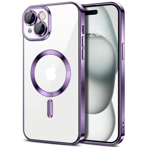 Hython Magnetic Clear for iPhone 15 Case with Camera Lens Protector [Compatible with MagSafe] Luxury Plating Edge Slim Soft TPU Cover Protective Phone Case for iPhone 15 6.1", Deep Purple - color: Deep Purple, size: Iphone 15 - 6.1 Inch