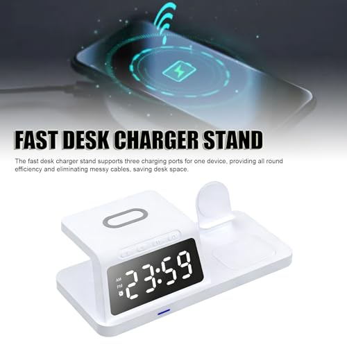 Wireless Charging Station, 3 in 1 Desk Charger with Alarm Clock, Fast Charging for Phone Watch Earphones, Space Saving Ideal for Bedroom Office