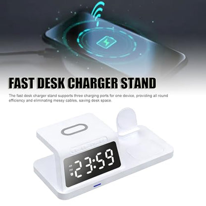 Wireless Charging Station, 3 in 1 Desk Charger with Alarm Clock, Fast Charging for Phone Watch Earphones, Space Saving Ideal for Bedroom Office