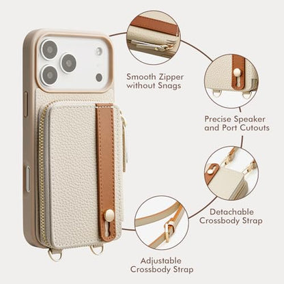 LAMEEKU for iPhone 17 Pro Case Wallet with Wrist Strap, Zipper Crossbody Purse with Phone Grip Holde 6.3 inch Beige - color: Beige, size: iPhone 17 Pro 6.3''