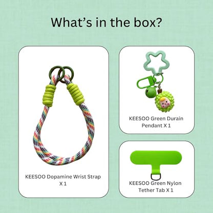 Dopamine Vibes Universal Wrist Strap - Korean-Style Short Phone Lanyard with Cute Green Durain Charm, 7mm Rope, Trendy Anti-Theft Tether for Girls, Includes Pendant & Nylon Phone Tab - color: 06 Dopamine Green Durain Star