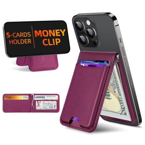For Magsafe Wallet with Money Clip, 5 Card Holder, Adjustable Stand | Strongest Magnetic Wallet for iPhone 17/16/15/14/13/12 Series, ID Window, RFID Blocking, Not for 13/12 Mini, Cherry - color: Cherry
