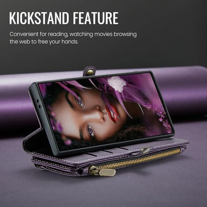 Defencase for Samsung Galaxy S23 Ultra Wallet Case with Card Holder, Purple | Durable PU Leather, with RFID Blocking Zipper Pocket, Wrist Strap, S23 Ultra Flip Phone Cases Cover with Stand for Women Men - color: Aesthetic Purple