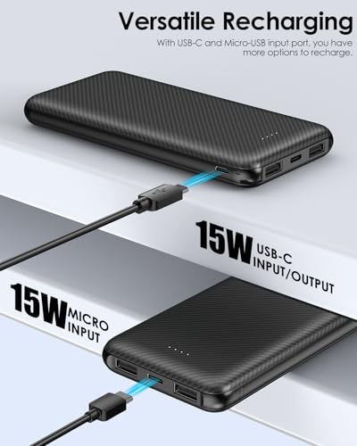 10000mAh Portable Power Bank with USB-C 15W PD Fast Charging - Black - color: Black