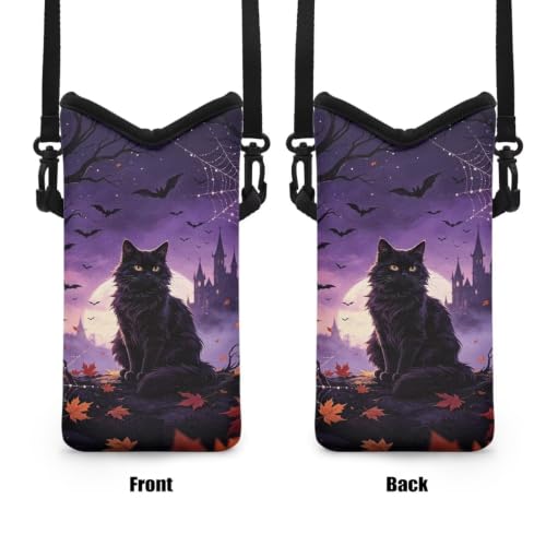 Women Cross Body Phone Purse Neoprene Mobile Phone Bag with Adjustable Strap Lightweight Mini Smartphone Purse Travel Essentials for Phone, Keys, Black Cat Maple Leaf Bat Print Violet - color: Black Cat Maple Leaf Bat Print Violet