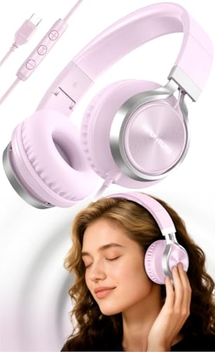 INFURTURE USB C Headphone for Kids & Adults Over-Ear Wired Pink Headphone - color: Rose Pink