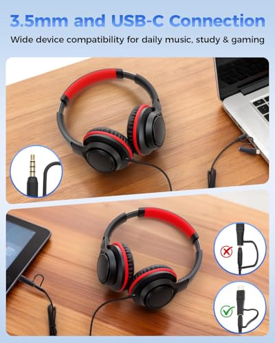 USB C & 3.5mm 2 in 1 Wired Headphones, Stereo Over Ear Headphones - color: Black