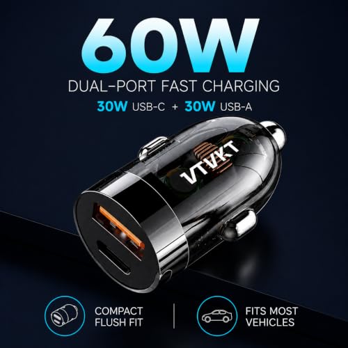 VTVKT Car Charger USB C Fast Charge, Fast Charging Car Charger, Mini Metal Dual Port Cigarette Lighter Adapter for iPhone 17/16/15 Series, iPad, AirPods, Google Pixel, and More