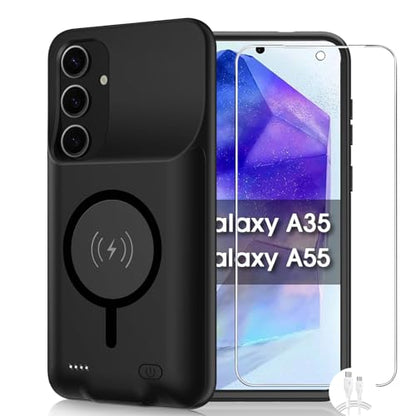 Battery Case for Galaxy A55/A35,High Capacity [12000mAh] Extended Portable Protective Charging Case Backup Compatible with Galaxy A55,Galaxy A35 Wireless Charging Case with 1x Screen Protector-Black