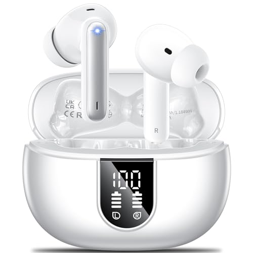 Wireless Earbuds, 2024 Wireless Headphones HiFi Stereo Earphones with 4 ENC Noise Canceling Mic, 42Hs Playtime In Ear Earbud, Bluetooth 5.3 Sport Earphones with LED Power Display for Android iOS White - color: White