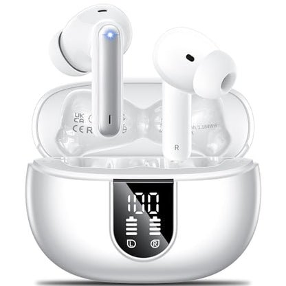 Wireless Earbuds, 2024 Wireless Headphones HiFi Stereo Earphones with 4 ENC Noise Canceling Mic, 42Hs Playtime In Ear Earbud, Bluetooth 5.3 Sport Earphones with LED Power Display for Android iOS White - color: White