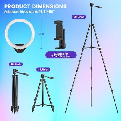 SENSYNE 10‘’ Ring Light with Stand, 50" Phone Tripod with Wireless Remote - size: 12-inch RGB Ring Light