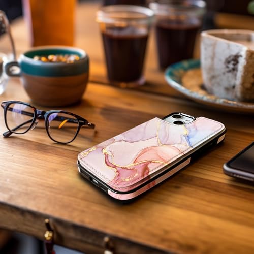uCOLOR for iPhone 13/14 Wallet Case with Card Holder | PU Leather RFID Blocking for Women Men Magnetic Clasp Kickstand,Pink Purple Marble - color: Pink Purple Marble