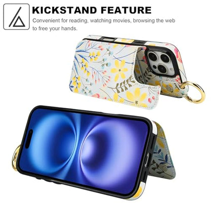 HAOPINSH for iPhone 16 Pro Max Wallet Case with Card Holder, Floral Flower Print Back Flip Folio PU Leather Kickstand Card Slots Case, Finger Grip Ring Double Magnetic Clasp Shockproof 6.9" - color: Floral Flower Grip Ring