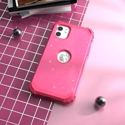 IDweel for iPhone 11 Case with Screen Protector(Tempered Glass), Hybrid 3 in 1 Shockproof Slim Fit Heavy Duty Protection Hard PC Cover Soft Silicone Bumper Full Body Case,Glitter Rose Red - color: Glitter Rose Red