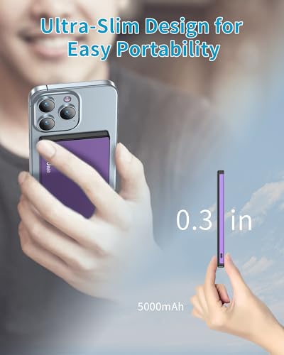 ZBF Wireless Portable Charger,5000mAh Slim Magnetic Power Bank Phone Charger with USB-C Cable, PD 20W Fast Charging Mag-Safe Battery Pack Travel Charger for Phone 17 16 15 14 13 Pro Max(Purple)