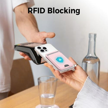for MagSafe Wallet with Mirror, 4 Card Holder RFID Blocking Stand - color: Pink