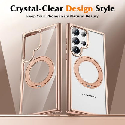 Compatible with Clear Samsung Galaxy S24 Ultra Case with 360° Invisible Magnetic Ring Stand [Compatible with Mag-Safe] Shockproof Plating Phone Case,Desert Gold - color: Desert Gold, size: Samsung Galaxy S24 Ultra