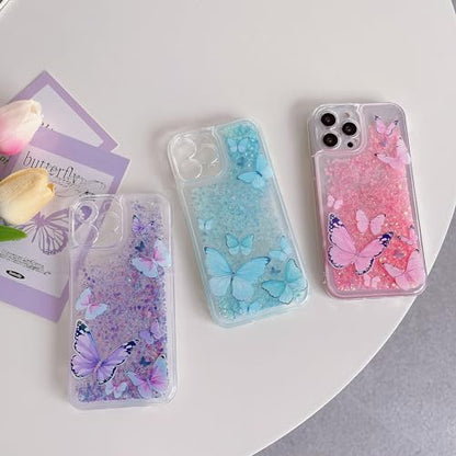 Compatible with iPhone 13 Glitter Butterfly Case Glow in The Dark Women Girls Girly Bling Sparkle Flowing Quicksand Light up Case Soft TPU Bumper Luminous Clear Phone Cover, Blue - color: Blue, size: iPhone 13