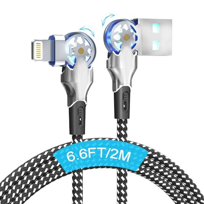 90 Degree iPhone Charger Cord with 180°Rotating Head, 6.6FT Swivel Right Angle Lightning Cable for Apple Carplay, MFi Certified Charger for iPhone 14 13 12 11 X Xs Pro, iPad