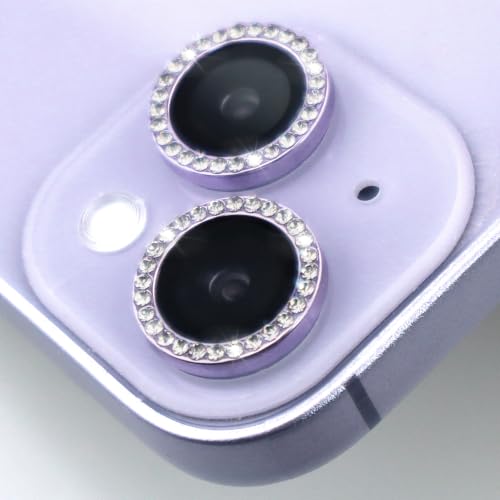 Camera Lens Protector for iPhone 15/15 Plus/14/14 Plus Bling Diamond Metal Ring Rhinestone Tempered Glass Lens Cover Accessories (Purple) - color: Purple