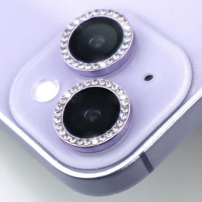 Camera Lens Protector for iPhone 15/15 Plus/14/14 Plus Bling Diamond Metal Ring Rhinestone Tempered Glass Lens Cover Accessories (Purple) - color: Purple