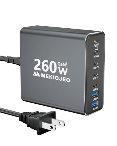 MEKIOJEO Aluminum Alloy 260W USB C Charger GaN Fast USB C Charging Station
