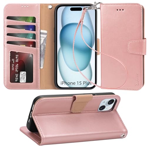 Arae Compatible with iPhone 15 Plus Case with Card Holder and Wrist Strap Wallet Flip Cover for iPhone 15 Plus 6.7 inch,Rose Gold - color: Rose Gold, size: iPhone 15 Plus 6.7 inch