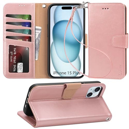 Arae Compatible with iPhone 15 Plus Case with Card Holder and Wrist Strap Wallet Flip Cover for iPhone 15 Plus 6.7 inch,Rose Gold - color: Rose Gold, size: iPhone 15 Plus 6.7 inch