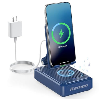 Jteman Cell Phone Stand with Bluetooth Speaker and Wireless Charger - color: Blue
