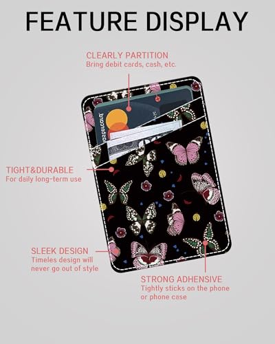 Phone Card Holder, Dual Pocket Leather Phone Wallet Adhesive Stick On, Cute Card Holder, Credit Card Holder for Phone Case Fascinating Butterfly - color: Fascinating Butterfly