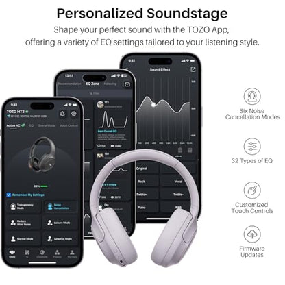 TOZO HT3 Hybrid Noise Cancelling Wireless Headphones, 90H Over Ear Headset - color: Light Purple