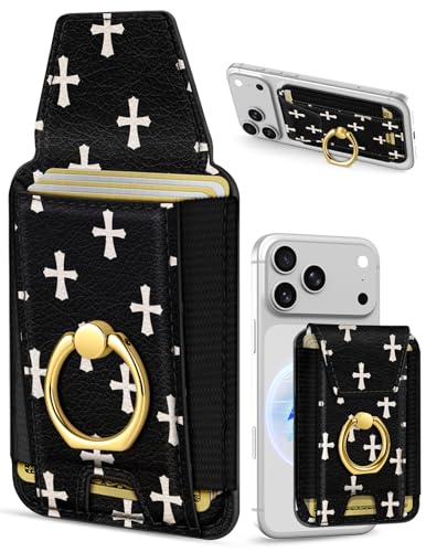 Shorogyt Compatible with Magsafe Wallet with Ring Grip Magnetic Card Holder - Cute Phone Wallets with Stand for iPhone 17/16/15/14/13/12 Series for Women Girls Cross Design, Fit 7 Cards - color: Cross